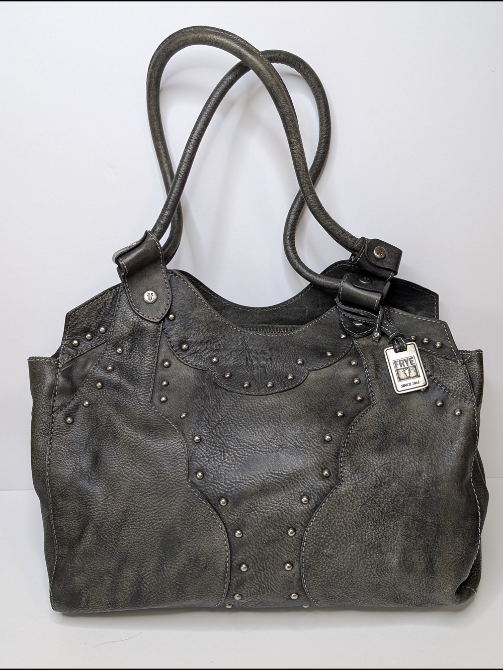 Frye Elaine Distressed Gray Leather Studded Shoulder Bag DB045